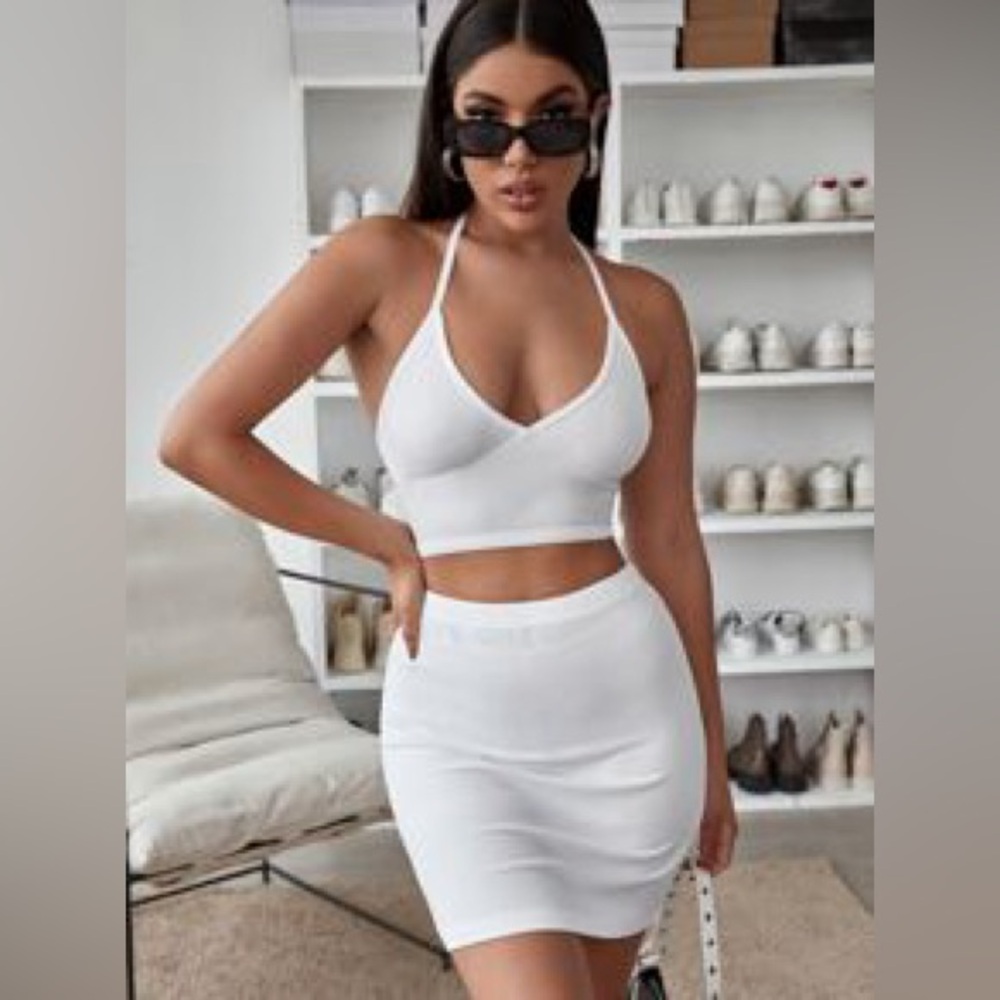 SHEIN White Halter Crop Top & Bodycon Mini Skirt Set Size Medium 2 Piece Outfit